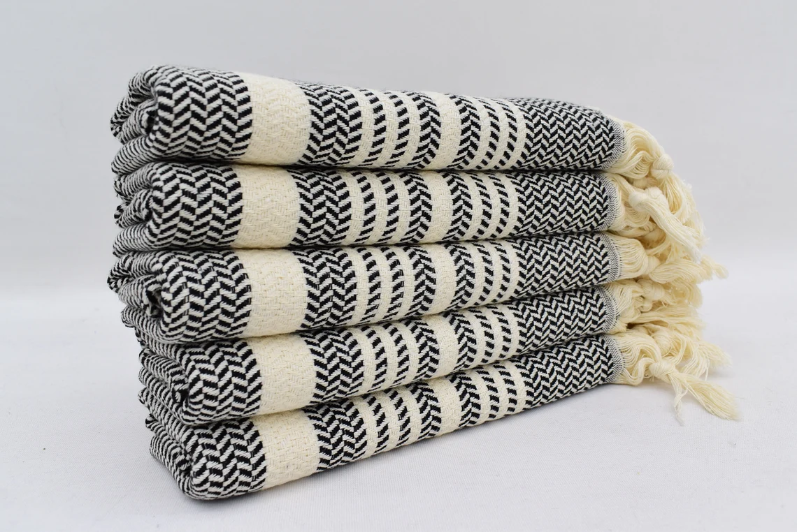 Black and white stripped organic Turkish cotton hand towel