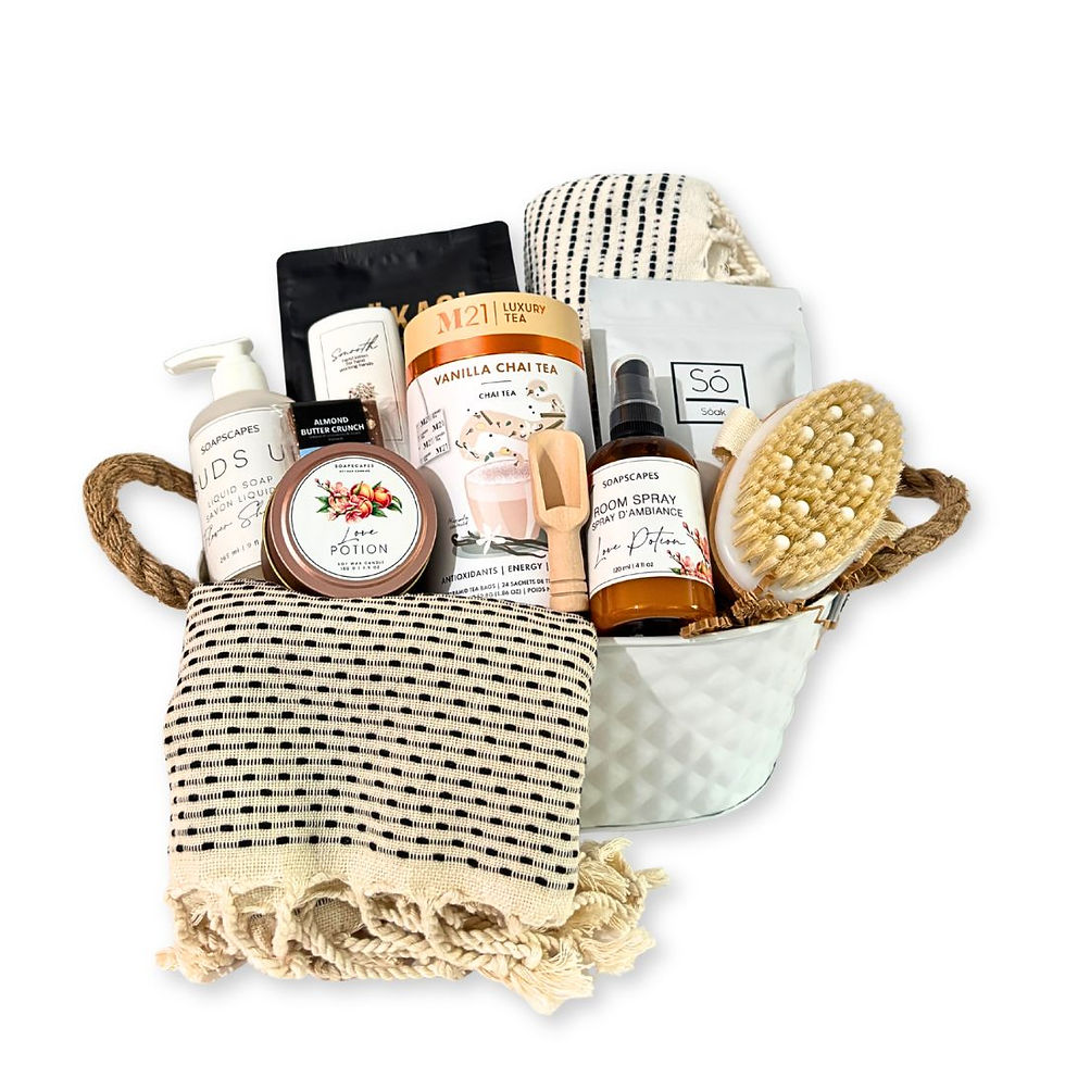 Take a Break Gift Basket with coffee, tea, Turkish towels and spa essentials
