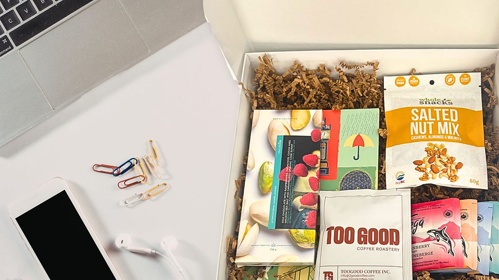 Gift box on desk with products from British Columbia.