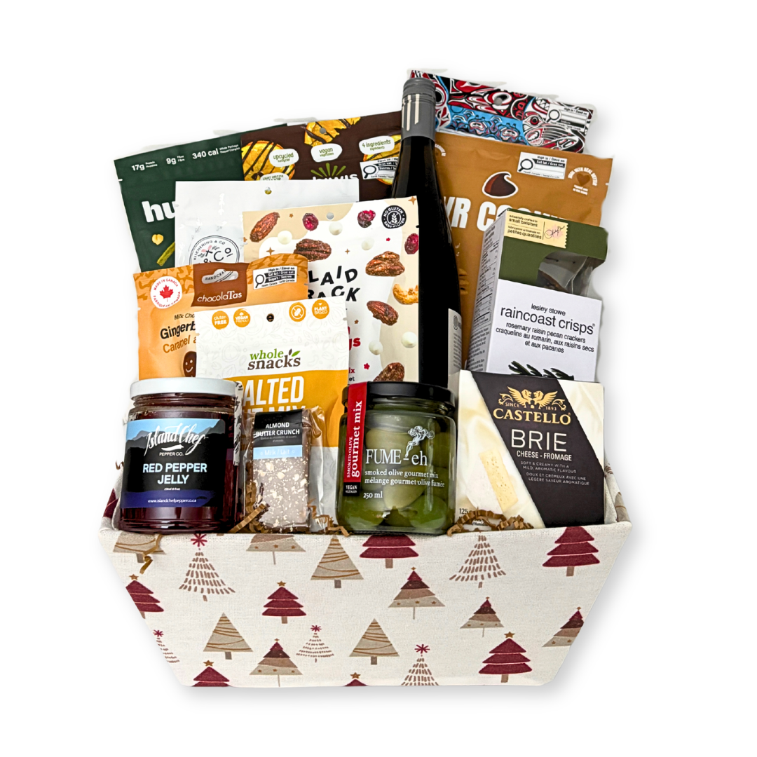 Winterberry & Wine Gift Basket with BC wine, Brie, candied salmon and gourmet treats.
