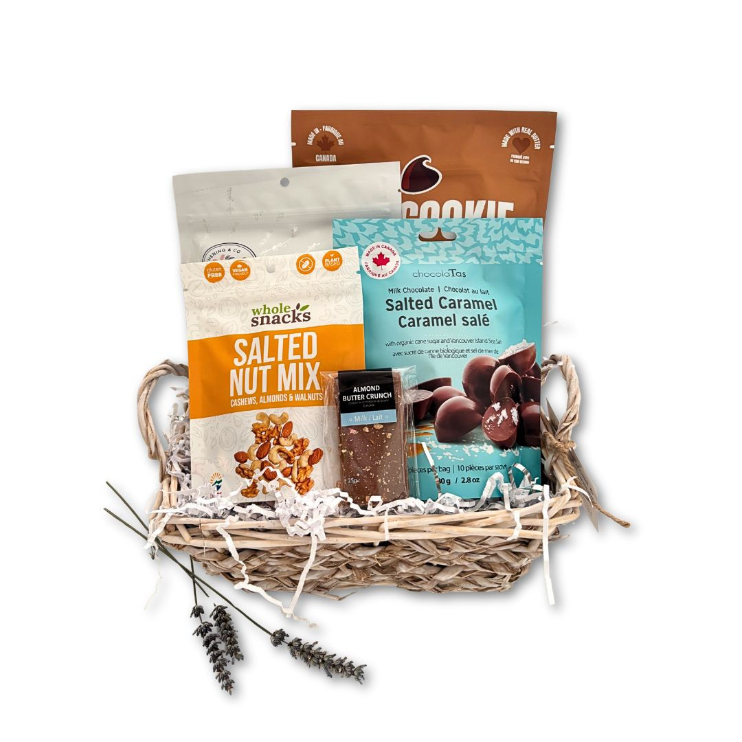Gift basket with 5 products made in British Columbia, chocolate, nuts, cookies, marshmallows and crunch bar.