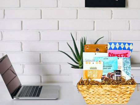 Gift basket sitting on desk
