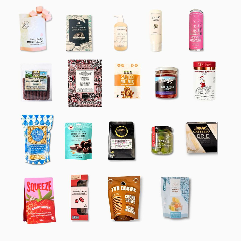 Merry & Bright Gift basket filled with products from British Columbia including crackers, chocolates and caramels.