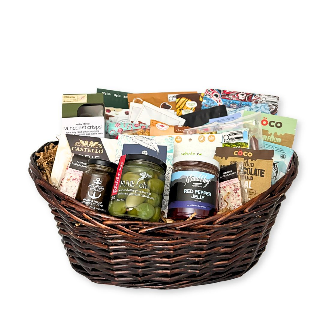 The Season’s Finest Gift Basket with gourmet snacks, chocolates, coffee and tea.
