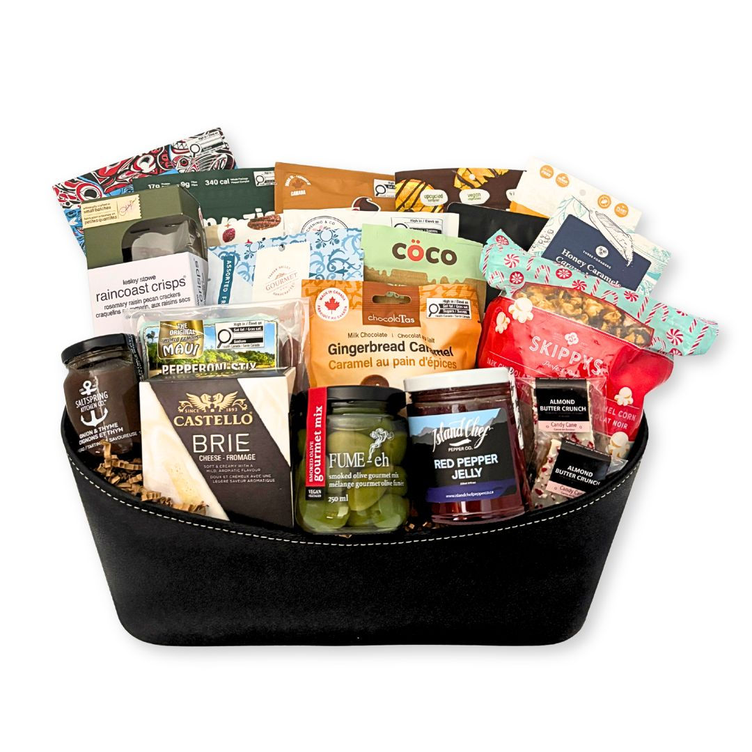 Holiday Gourmet Gift Basket with Brie, candied salmon, coffee and festive gourmet treats.