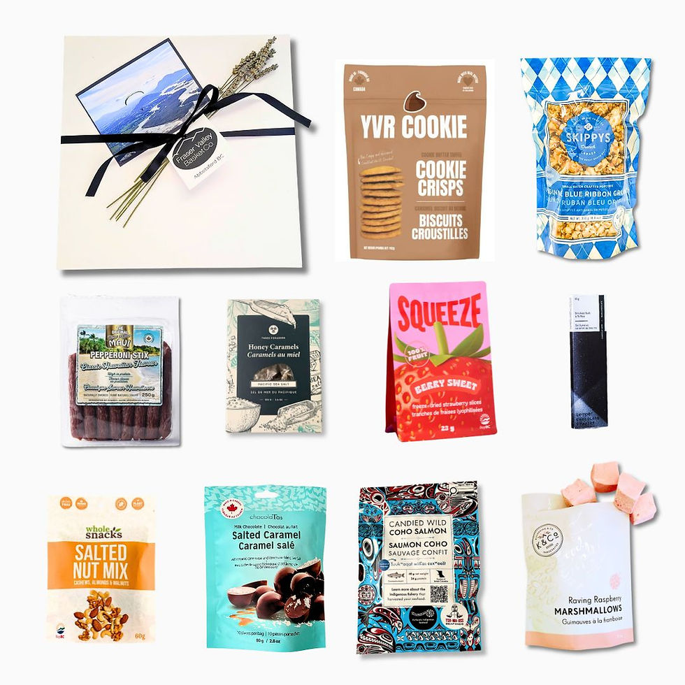 Gift box with lots of snacks from British Columbia, including cookies, nuts, marshmallows and freeze dried fruit.