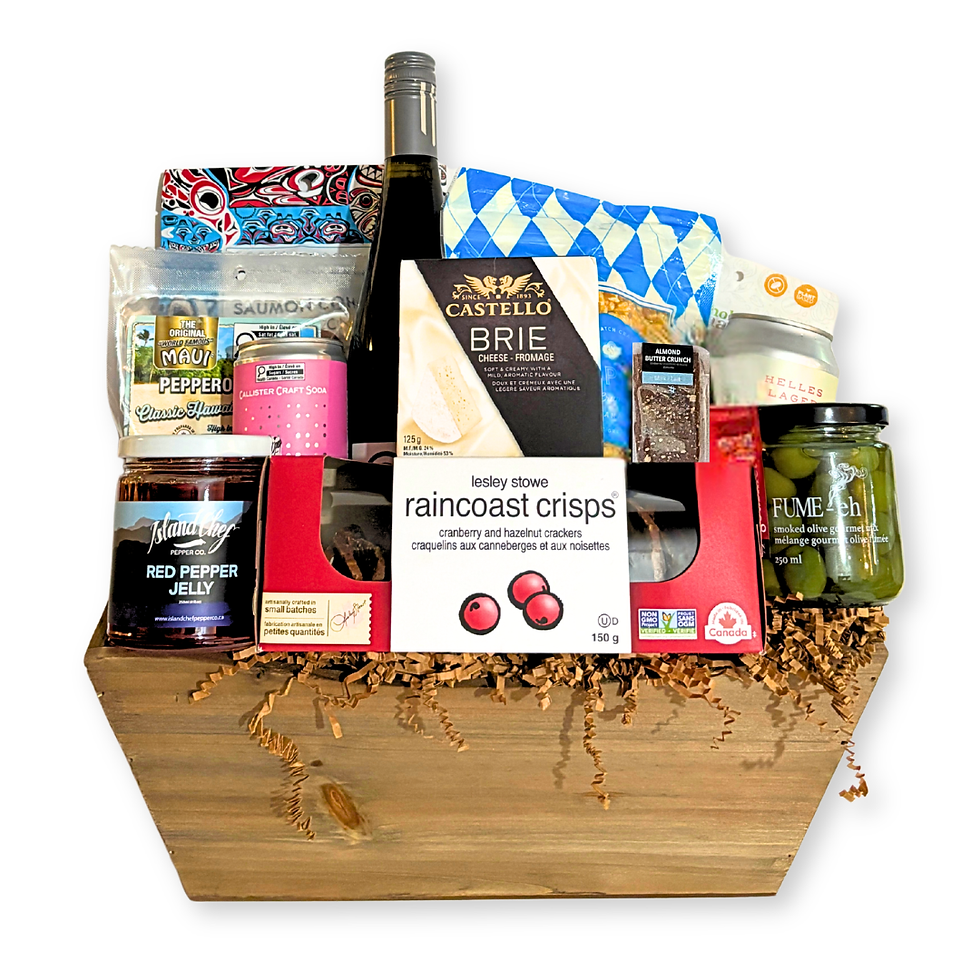 Cheers gift basket, includes wine, beer plus sweet and savoury snacks.
