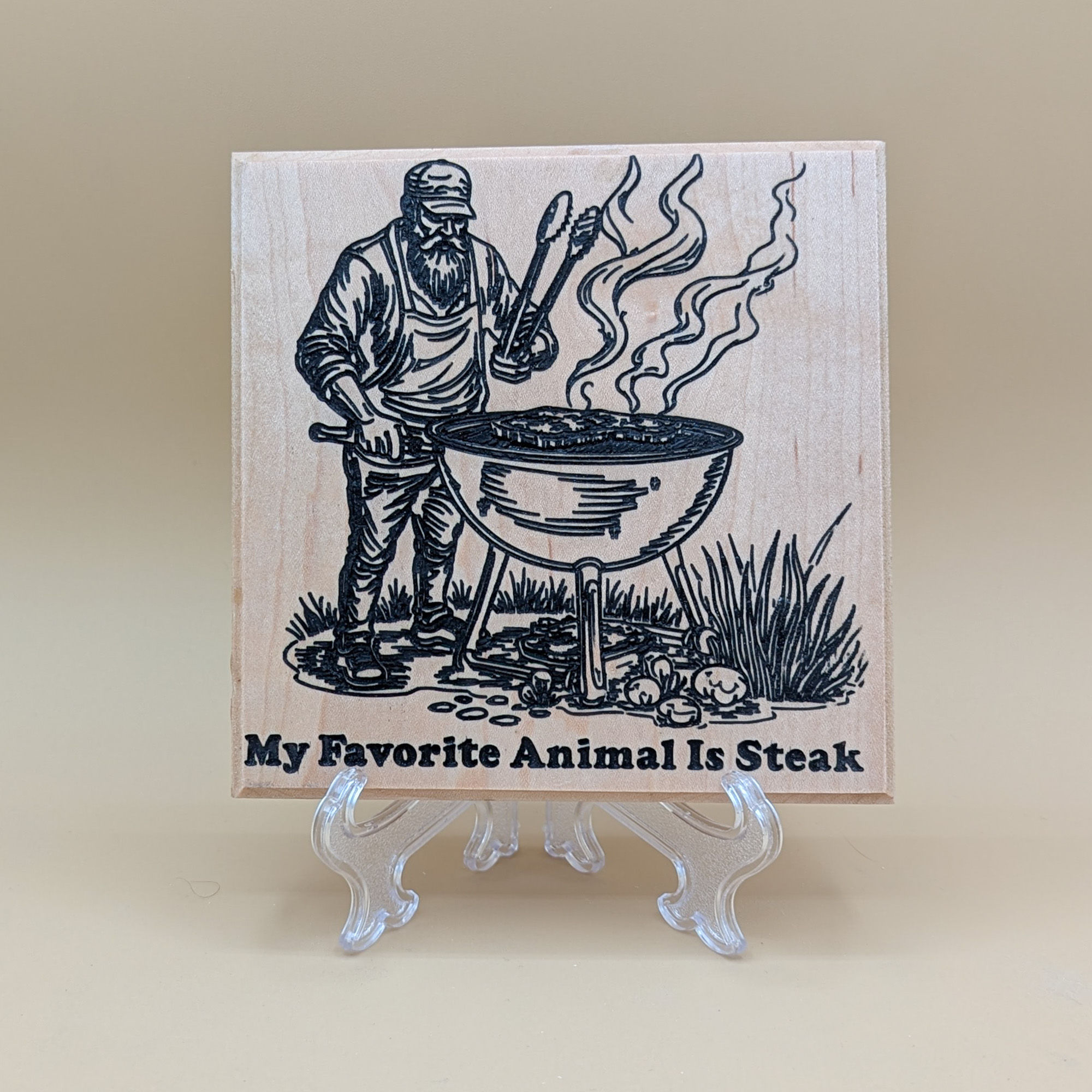 Custom Carved Maple Sign: My Favorite Animal Is Steak - BBQ Master Gift