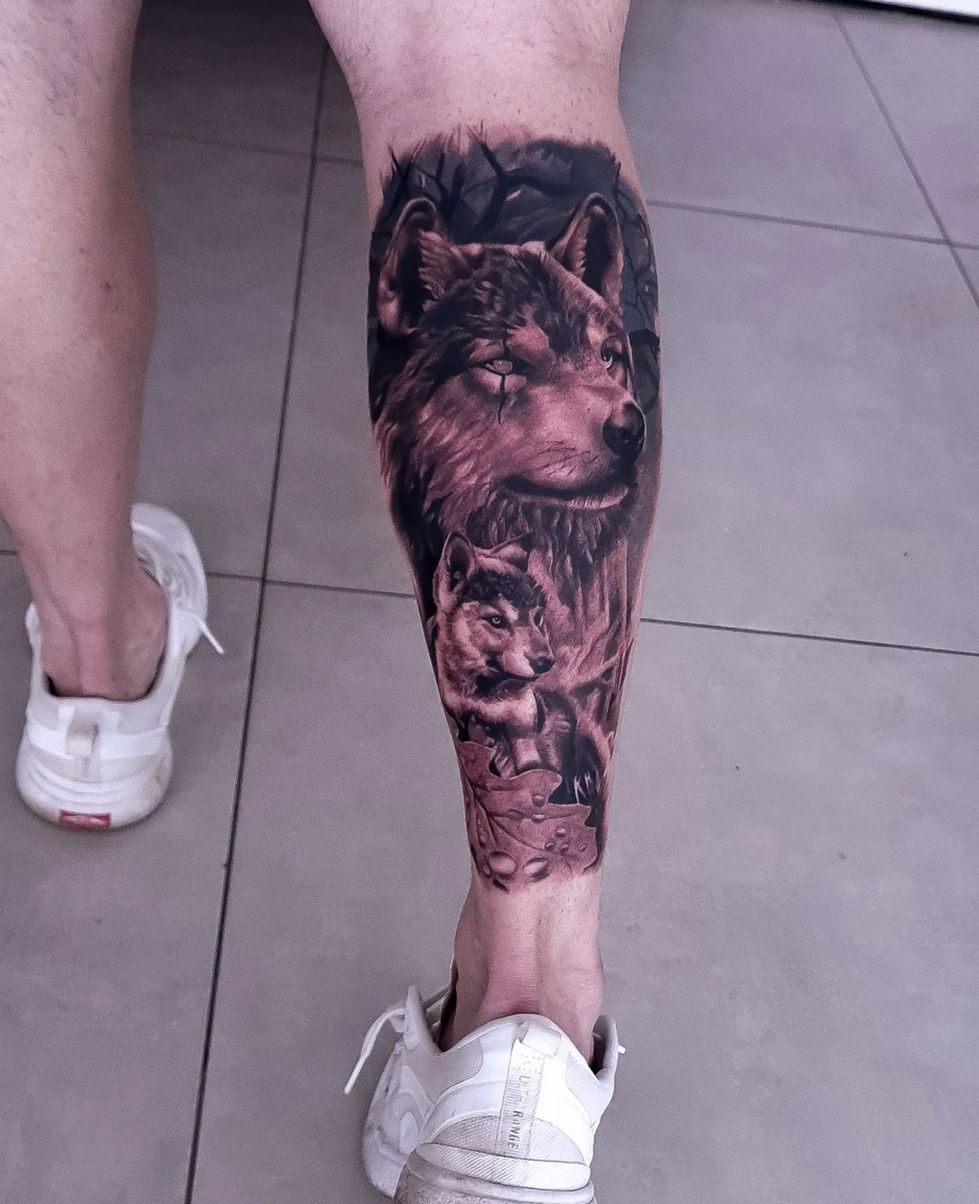 lobo com filhote abaixo, ao fundo uma geleira e vegetação tipica