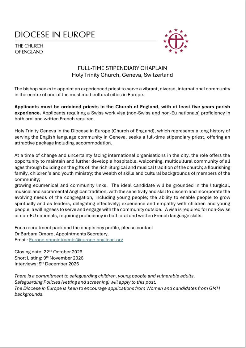 Advertisement for new Chaplain