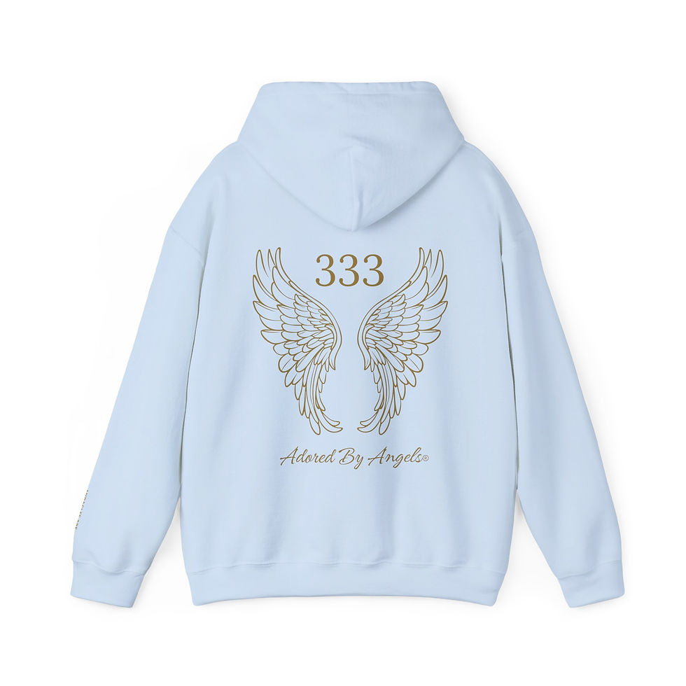Thumbnail: 333 Angel Number Hoodie By Adored by Angels. Soft cosy, ethical and sustainable. With famous angel blessing written on the sl