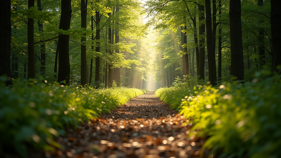 Eye-level view of a peaceful forest trail with sunlight filtering through trees