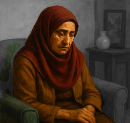 A contemplative elderly woman, dressed in a red headscarf and brown attire, sits pensively in a dimly lit room, embodying a sense of reflection and quiet introspection