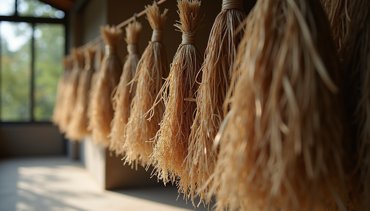 Eye-level view of dried mugwort bundles hanging to dry in a rustic setting