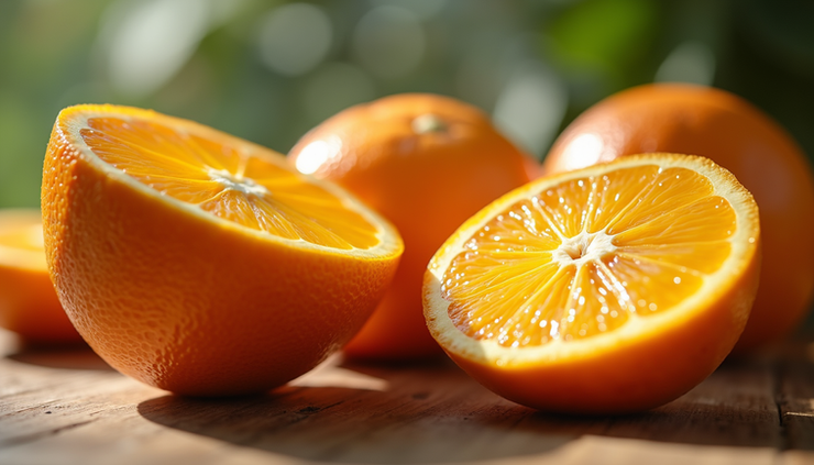 Close-up view of fresh oranges sliced on a wooden table