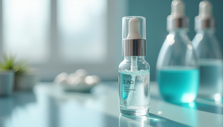 Close-up view of a laboratory vial containing a clear serum for skin treatment