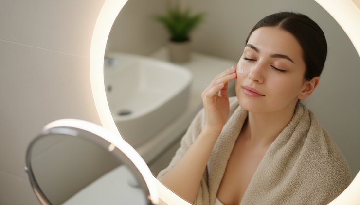 Overhead view of a person applying a lightweight ampoule in front of a softly lit mirror
