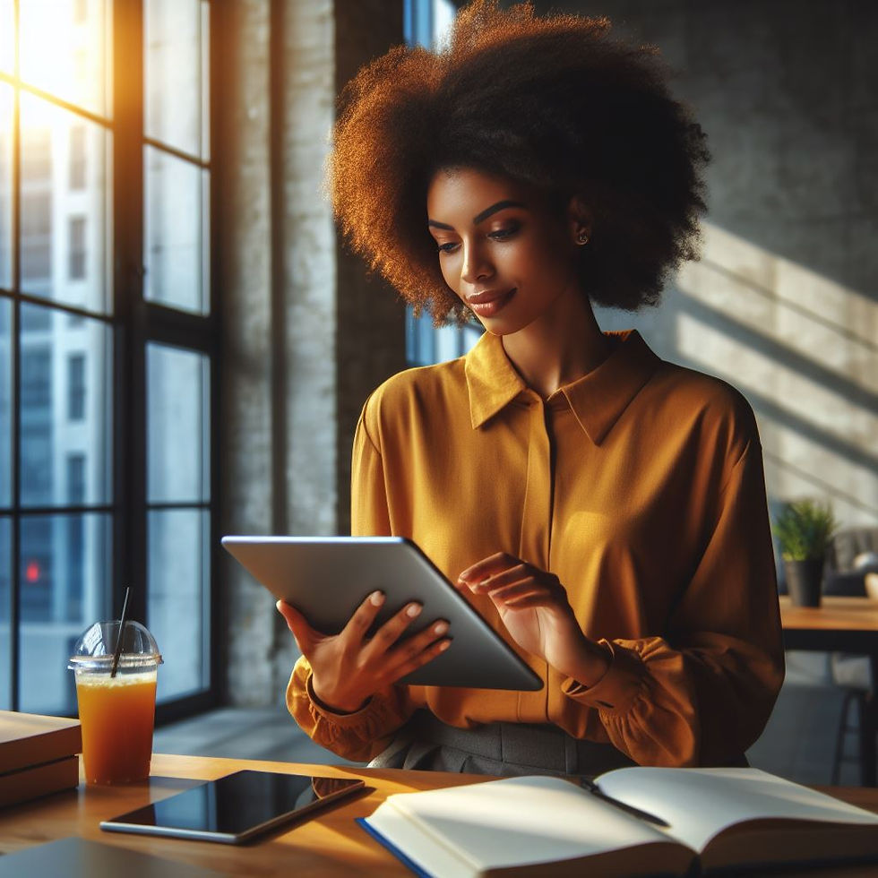 African American business woman looking at an e-book on a tablet