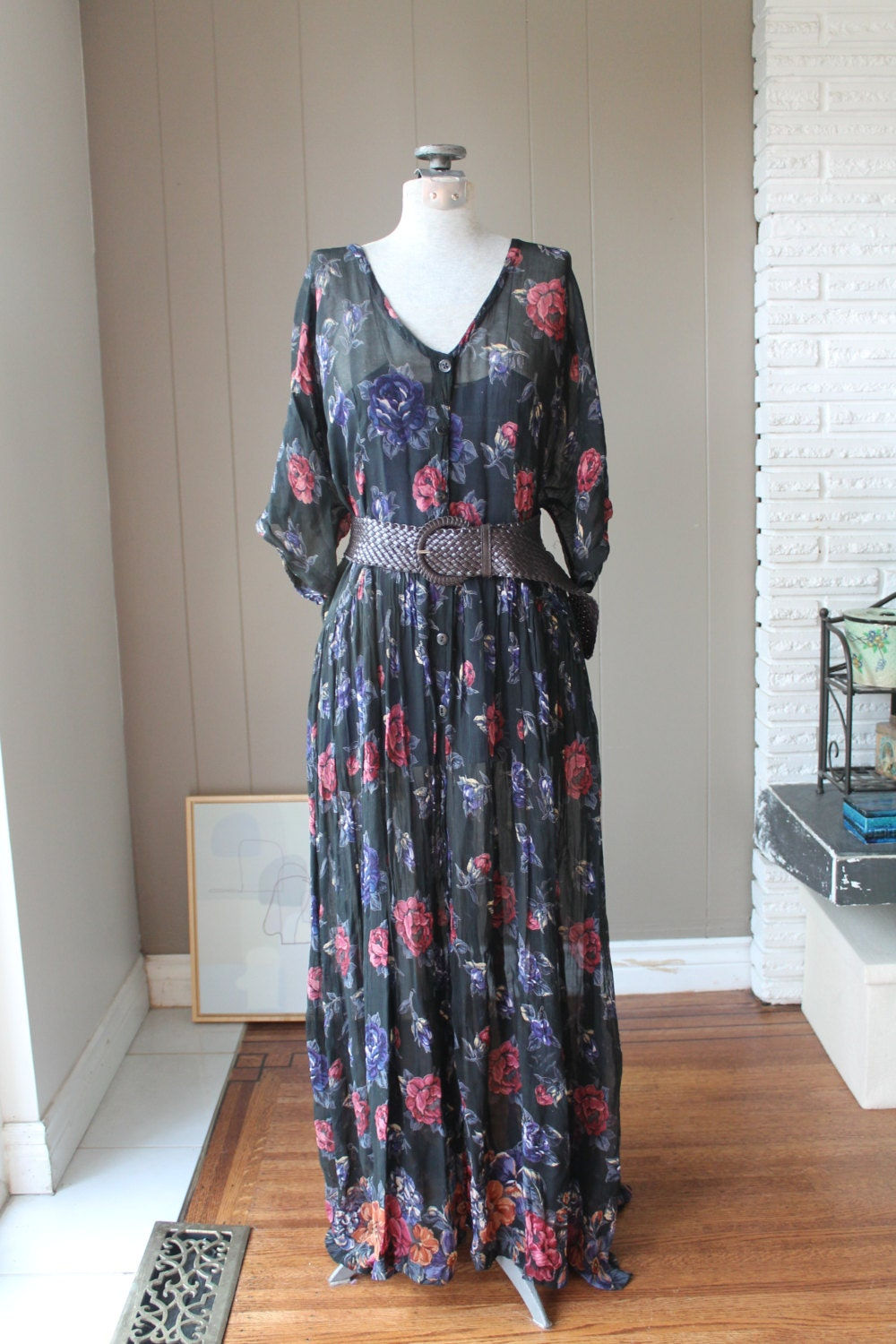 90s Indian Gauze Stevie Nicks Festival Floral Black Sheer Gothic Lolita Babydoll