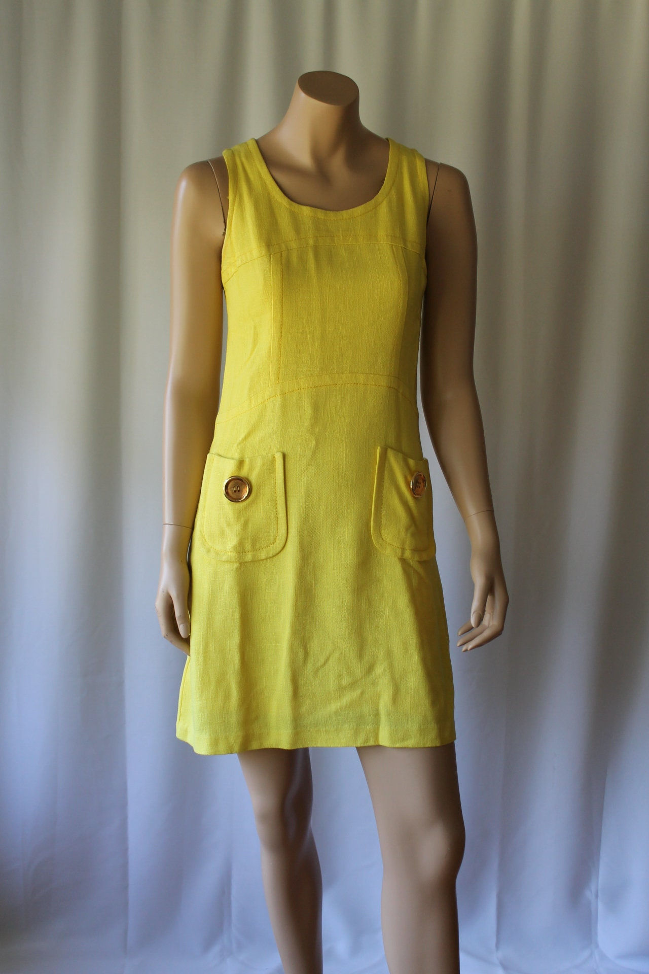 60s Linen Pinafore Mod Couture Wibor Modelle Jumper Dress, Canary Yellow Pinafor