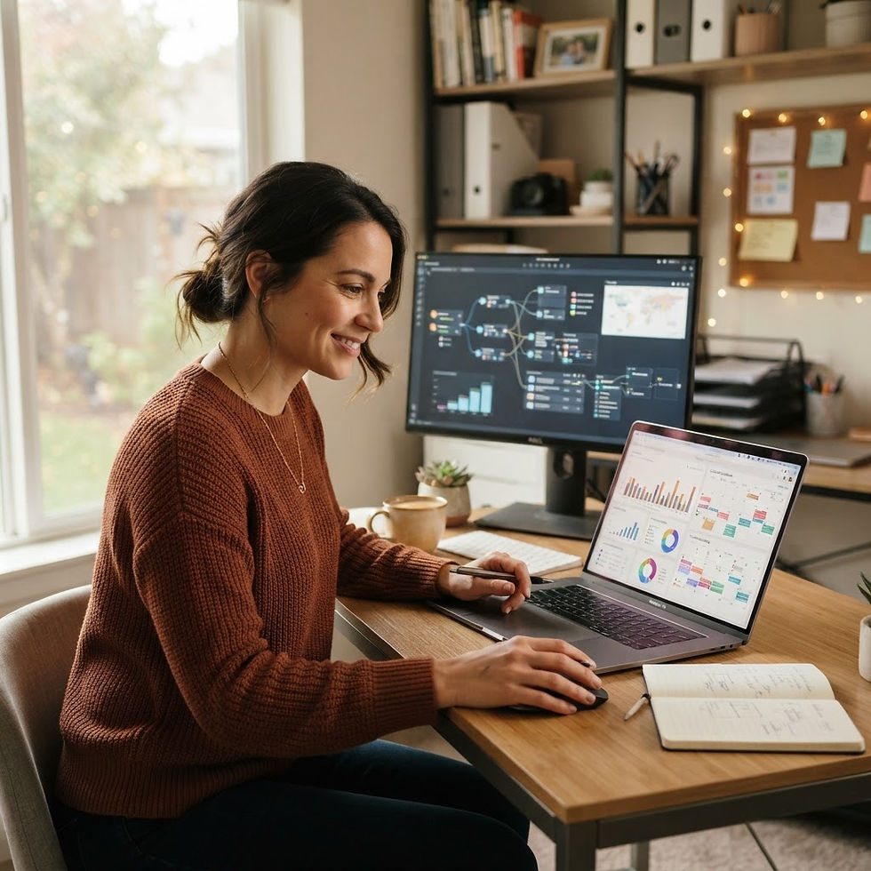 Small business owner reviewing content analytics dashboards on a laptop and monitor in a bright office