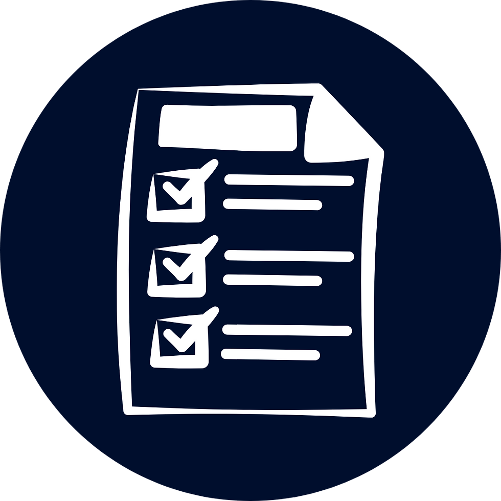 White checklist document icon with three completed check marks on dark background.