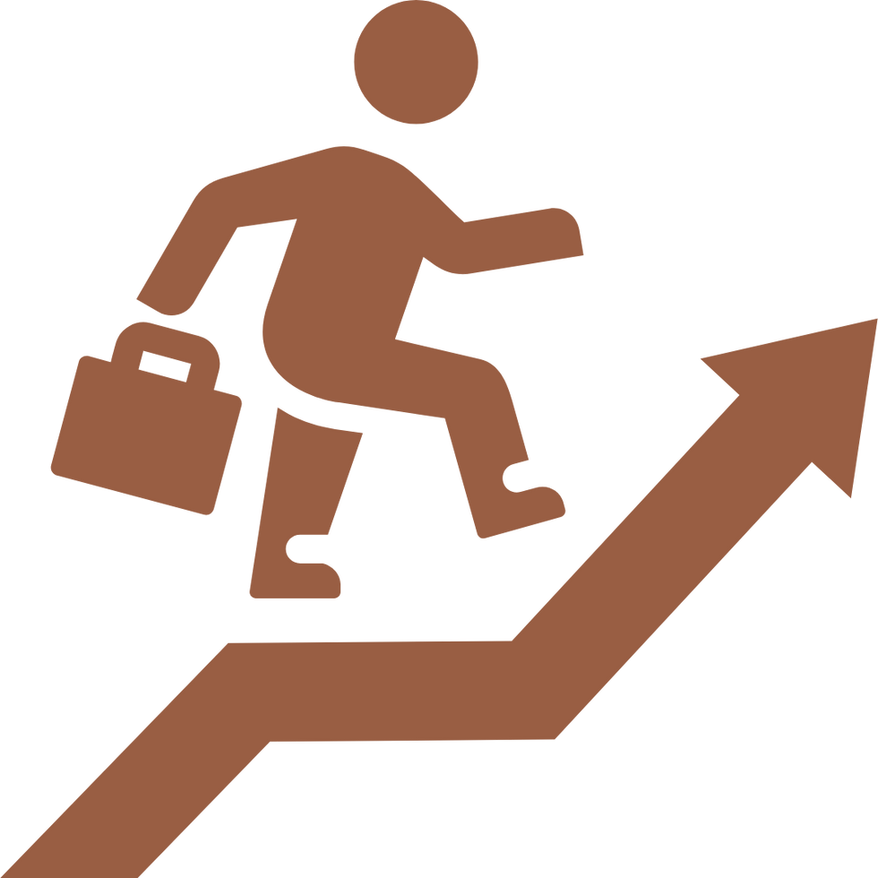 Brown stick figure carrying briefcase walking up an ascending arrow.