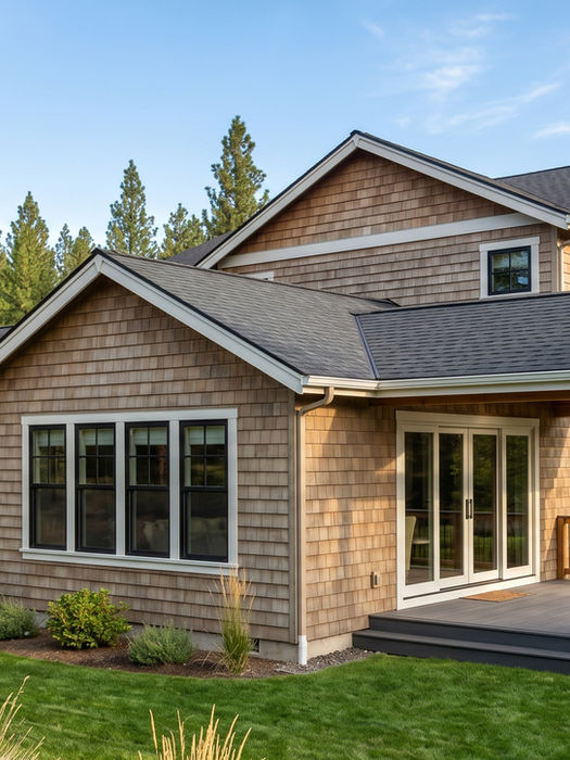 Modern cedar shingle house with a covered patio and lawn.