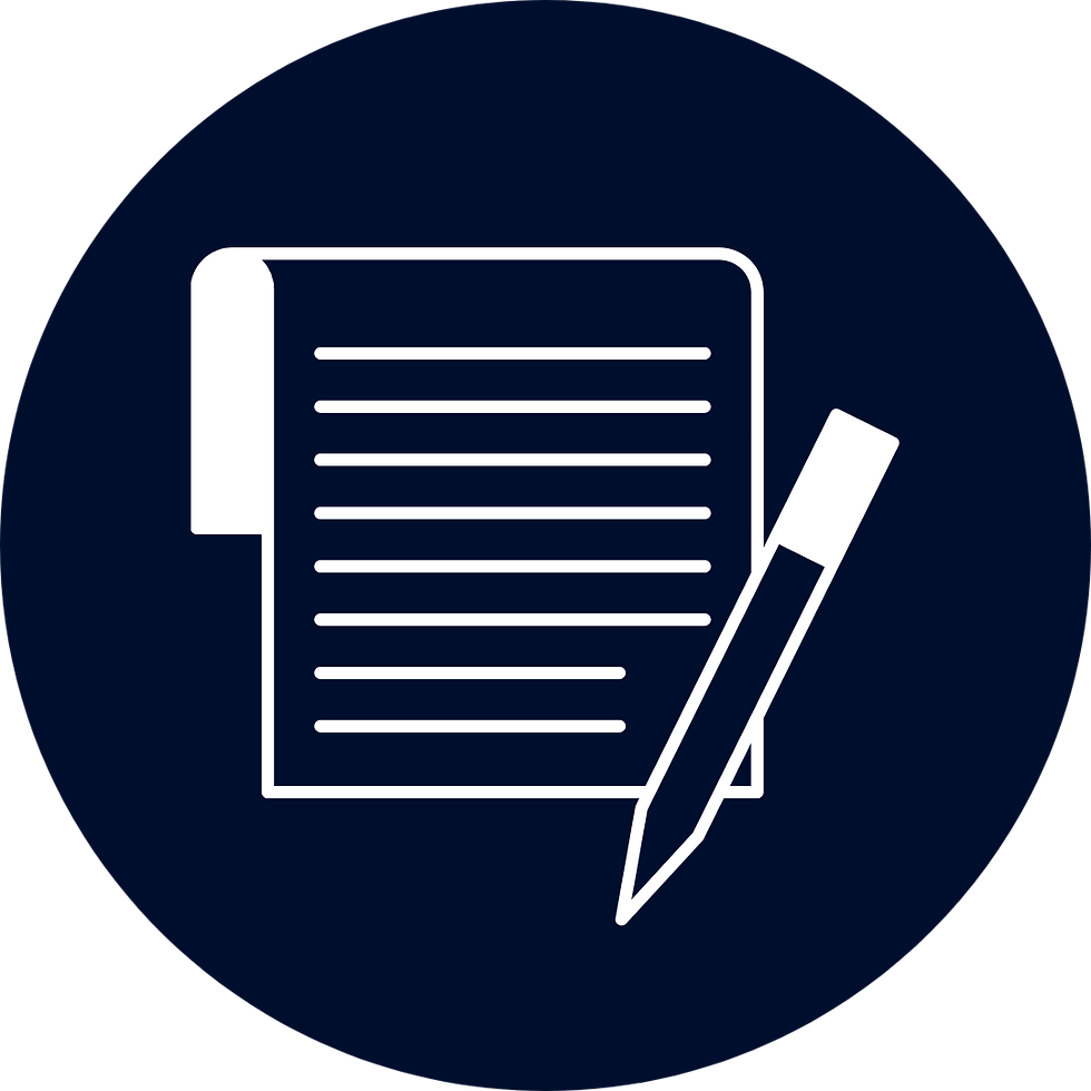 White icon of notebook paper with lines and a writing pen.