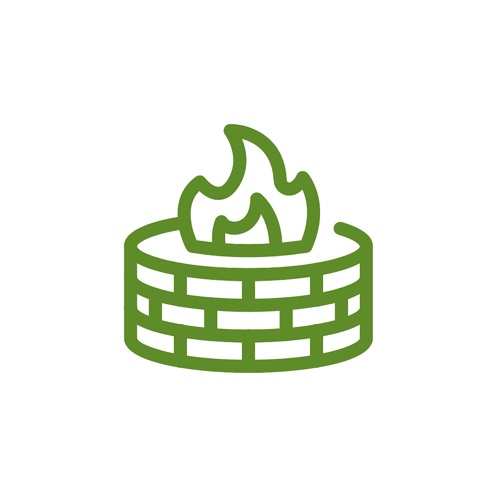 Green line icon of a flame burning inside a brick fire pit