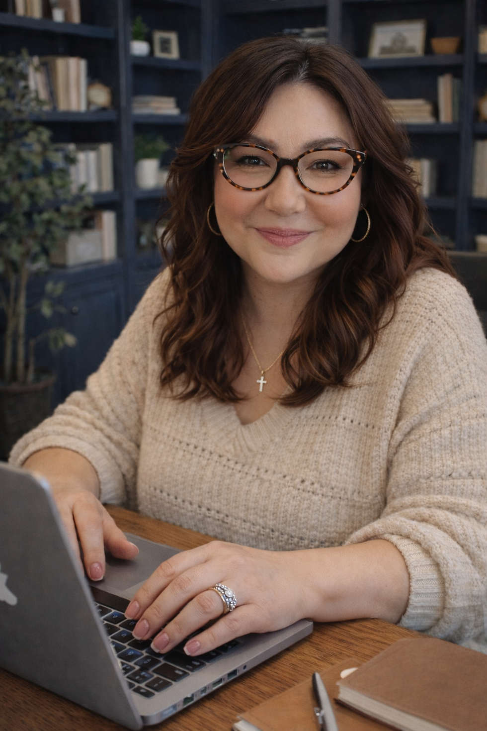 Anna Armendariz with glasses working on laptop at desk with bookshelves background.