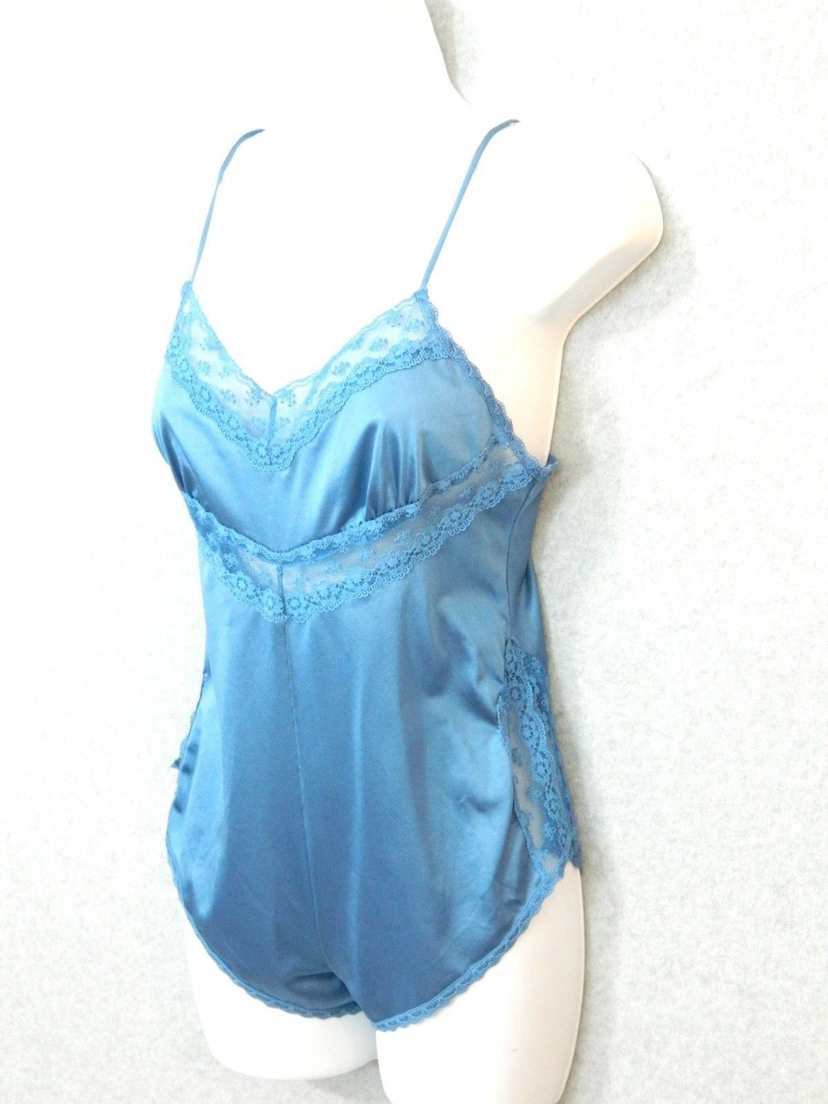 Vintage 70's Blue Teddy, Lace Lingerie, One Piece, silky camisole