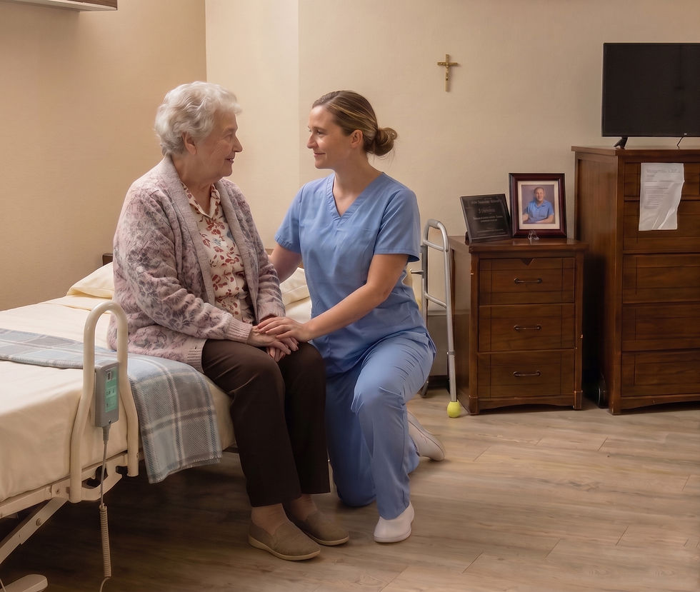Caregiver holding hand of elderly woman on bed