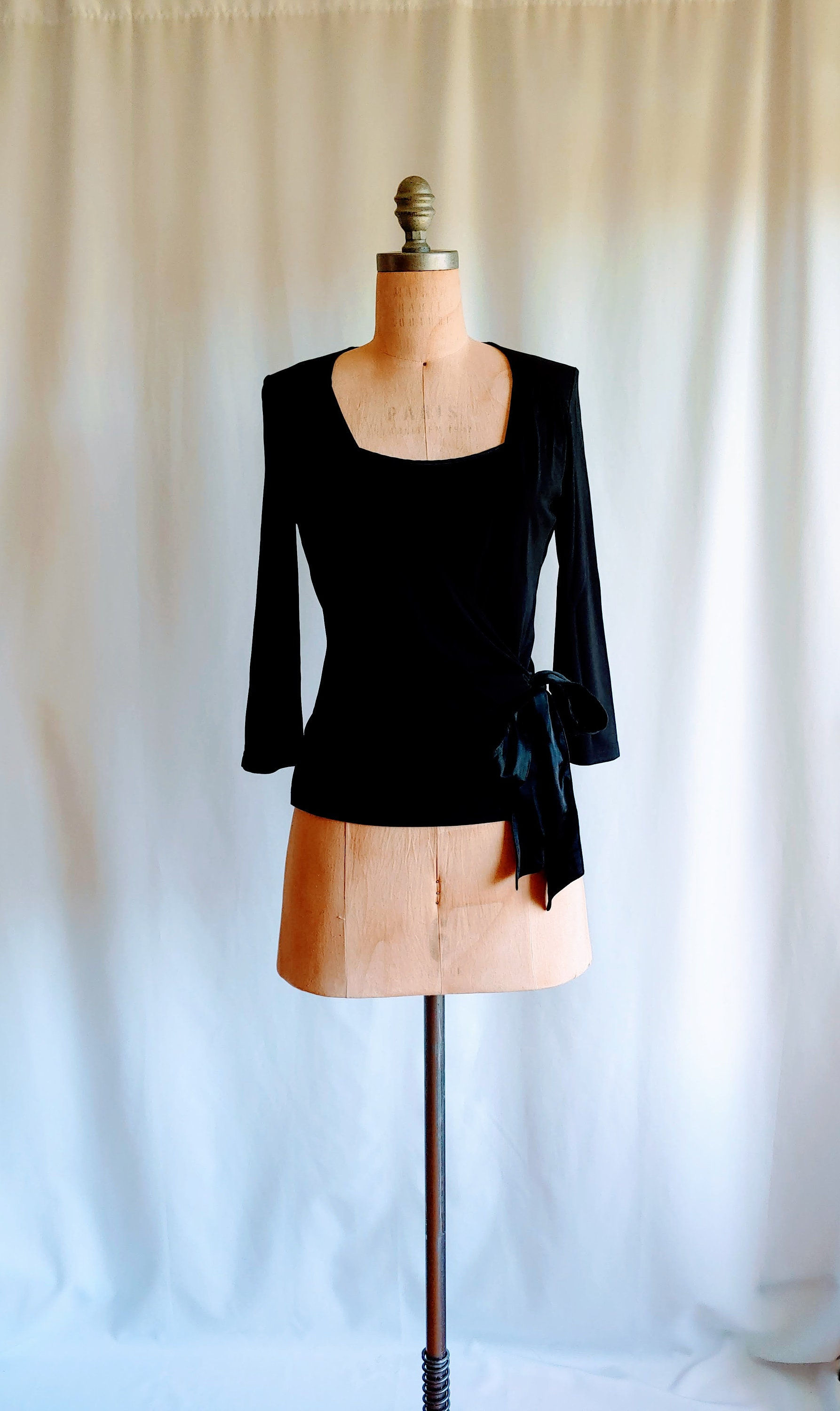 90s Minimalist Black Wrap Blouse Silk Bow One Piece Camisole and Jacket - US Siz