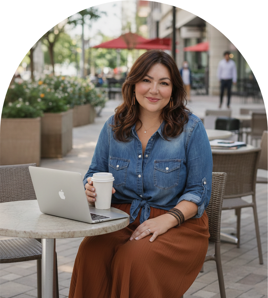 Anna Armendariz working on laptop at an outdoor cafe with coffee.