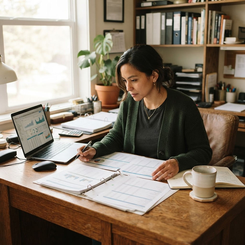 A small business owner reviewing financial statements and charts while analyzing their business debt to income ratio.