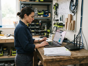 Small business owner reviewing website design layouts on a laptop at a standing desk, preparing for Wix Studio 2.