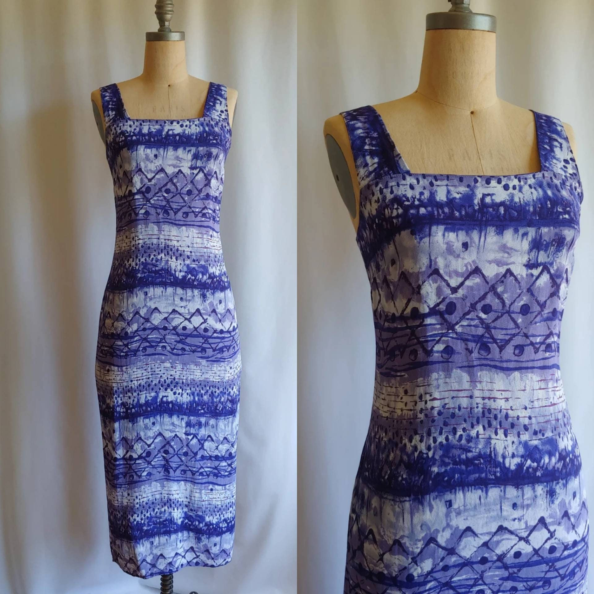 90s tribal print batik style rayon sheath dress column small