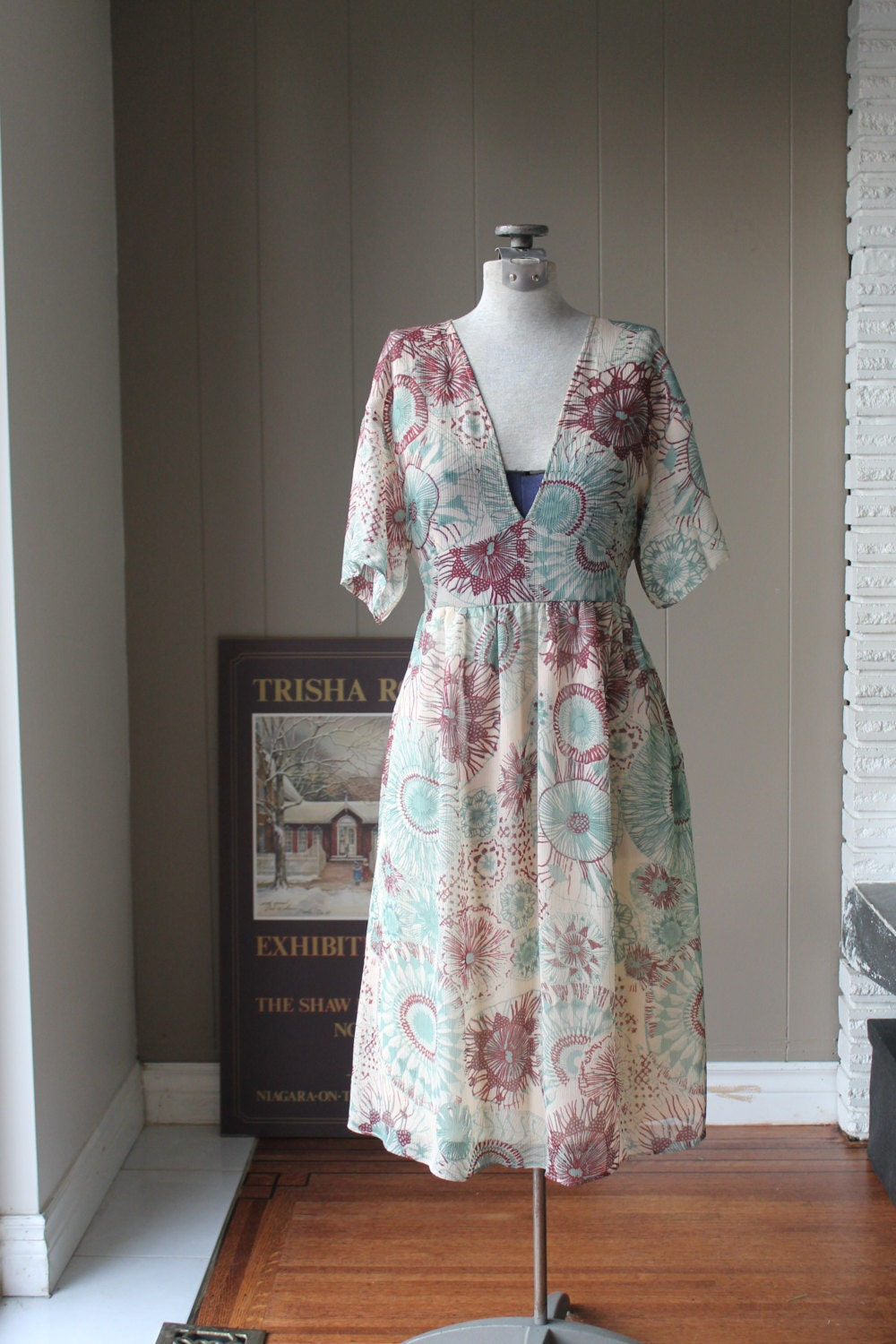 70s Style Mod Dress, Floral Crinkle Chiffon dress, Empire Dress, 70s Fabric, Med