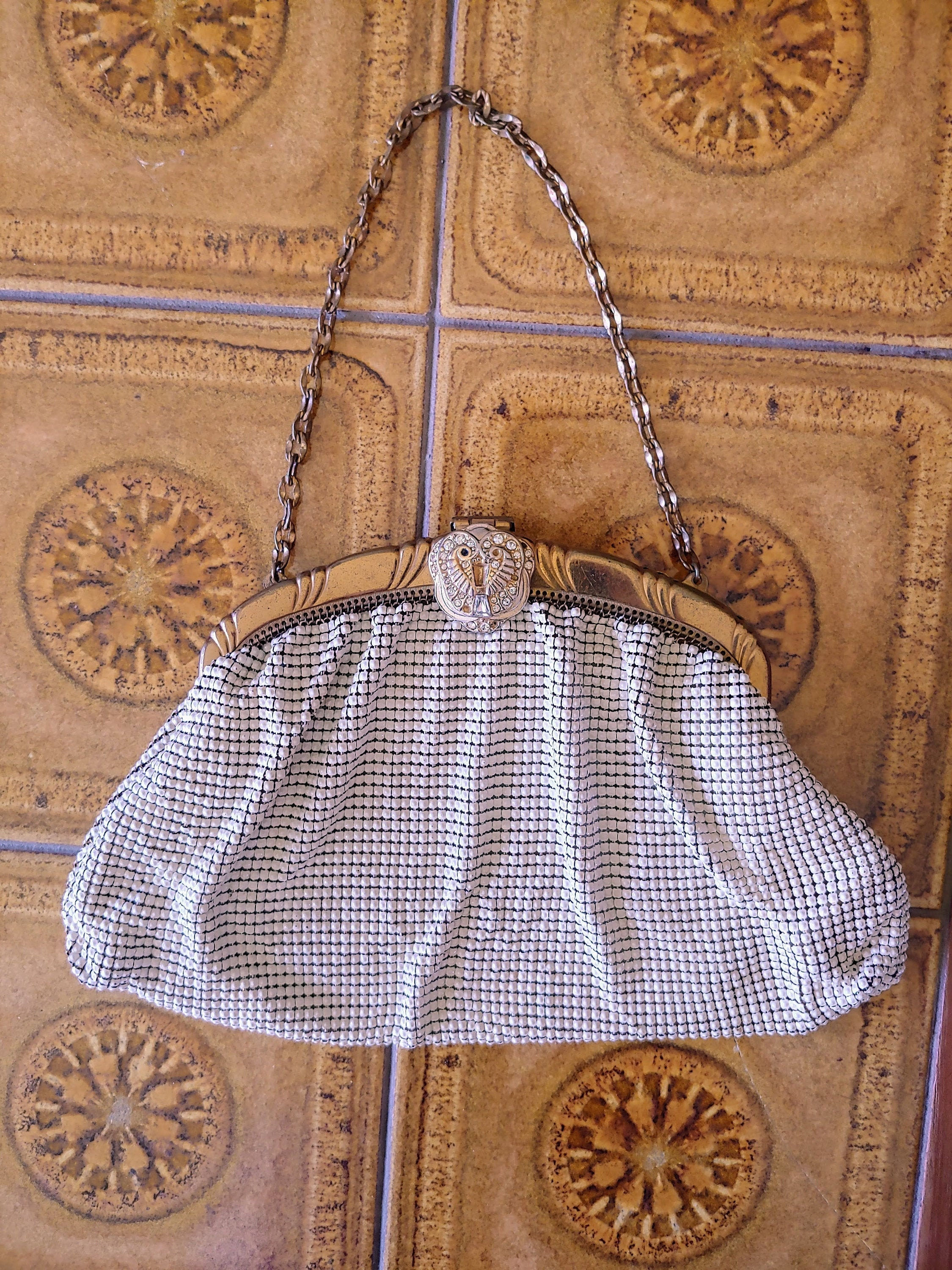 Art Deco Whiting & Davis Bag - Antique Cream Mesh Purse - Rhinestone Kiss Lock -