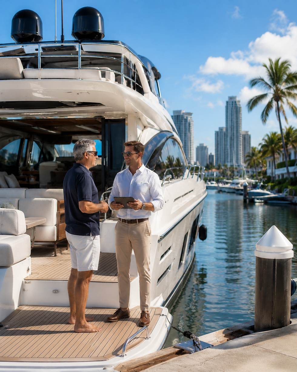 Two men discussing brokerage on a yacht in a sunny marina.