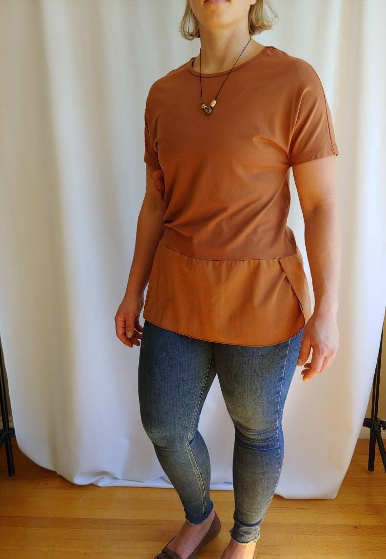 Knit tunic top copper brown dolman sleeves minimalist soft viscose with contrast