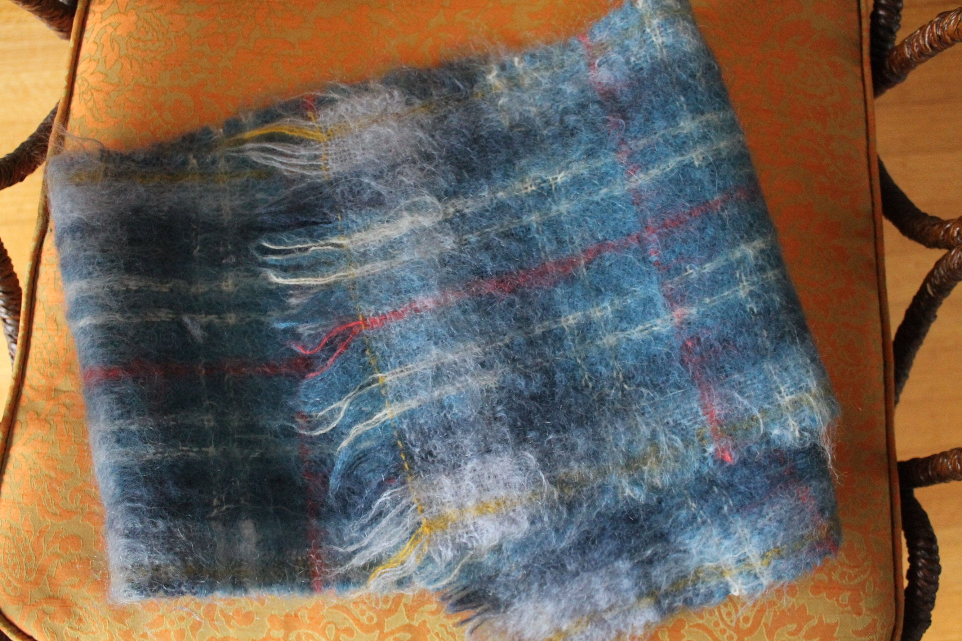 Mohair Scarf, Plaid Scarf, 60s Scottish Mohair Wool Fuzzy Muffler Blue Plaid Sca