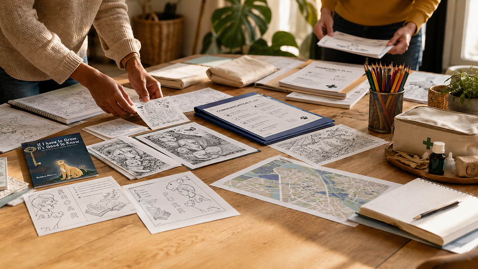 People arranging educational materials on table
