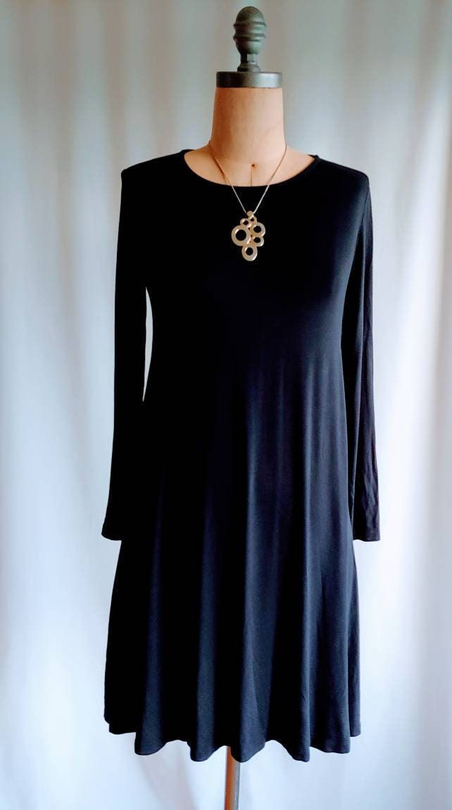 Black jersey dress tunic minimalist flowy skirt long sleeves xs sm
