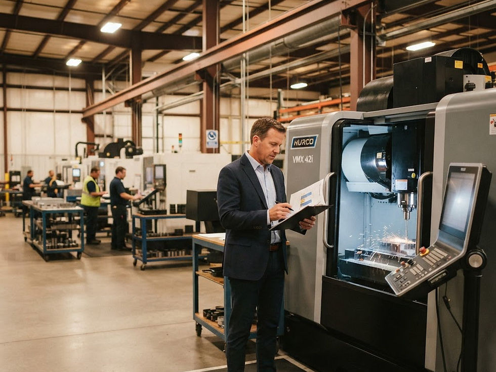A manufacturing business owner reviews paperwork near a CNC machine to evaluate manufacturing business loans for their facili