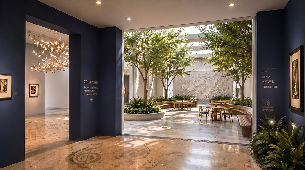 Spacious art gallery with a bright, tree-filled atrium