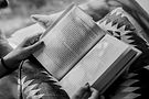 Hands reading an open book, resting on a patterned cushion.