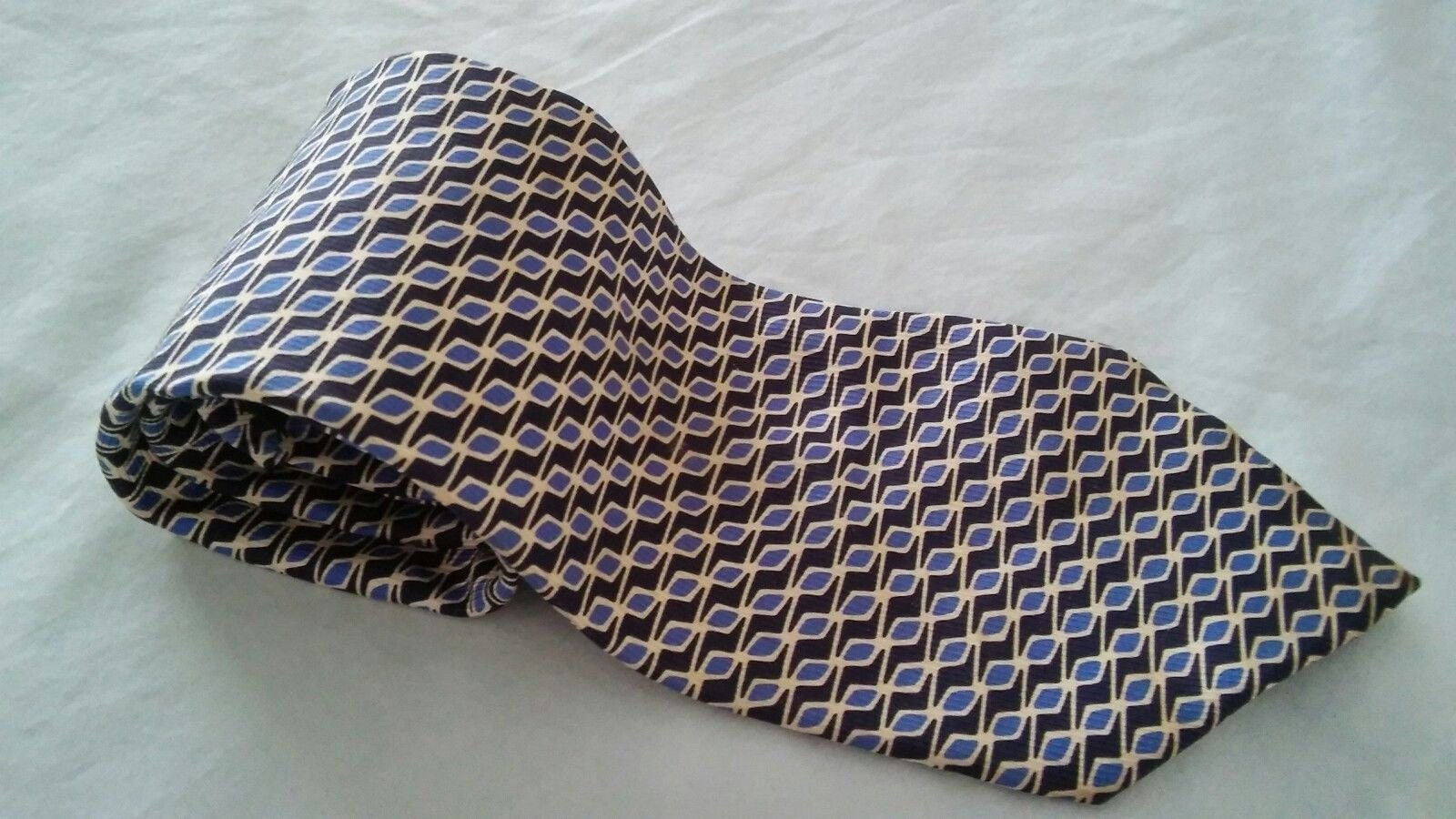 Ralph Lauren Men's Classic 100% Silk Necktie Blue Black White Diamond Pattern