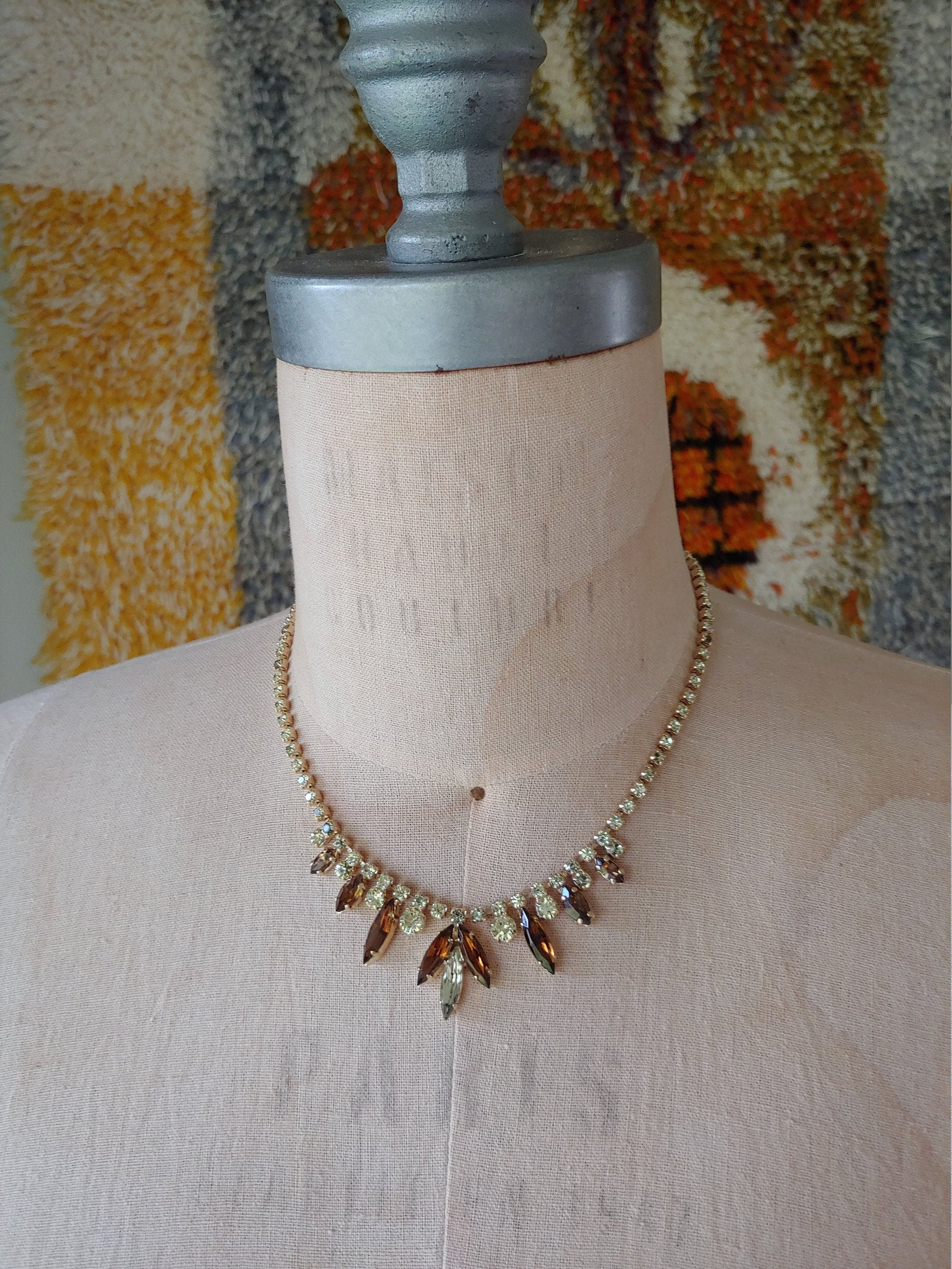 Mid Century Art Deco Amber Teardrop and yellow Rhinestone Necklace / MCC Amber a